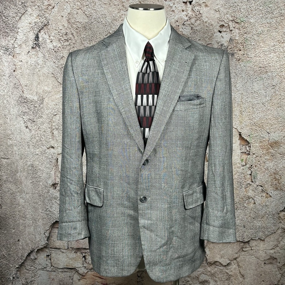 Jos A Bank 44R Gray Houndstooth Plaid Silk Camel Hair Blazer‎ Sport Coat Jacket